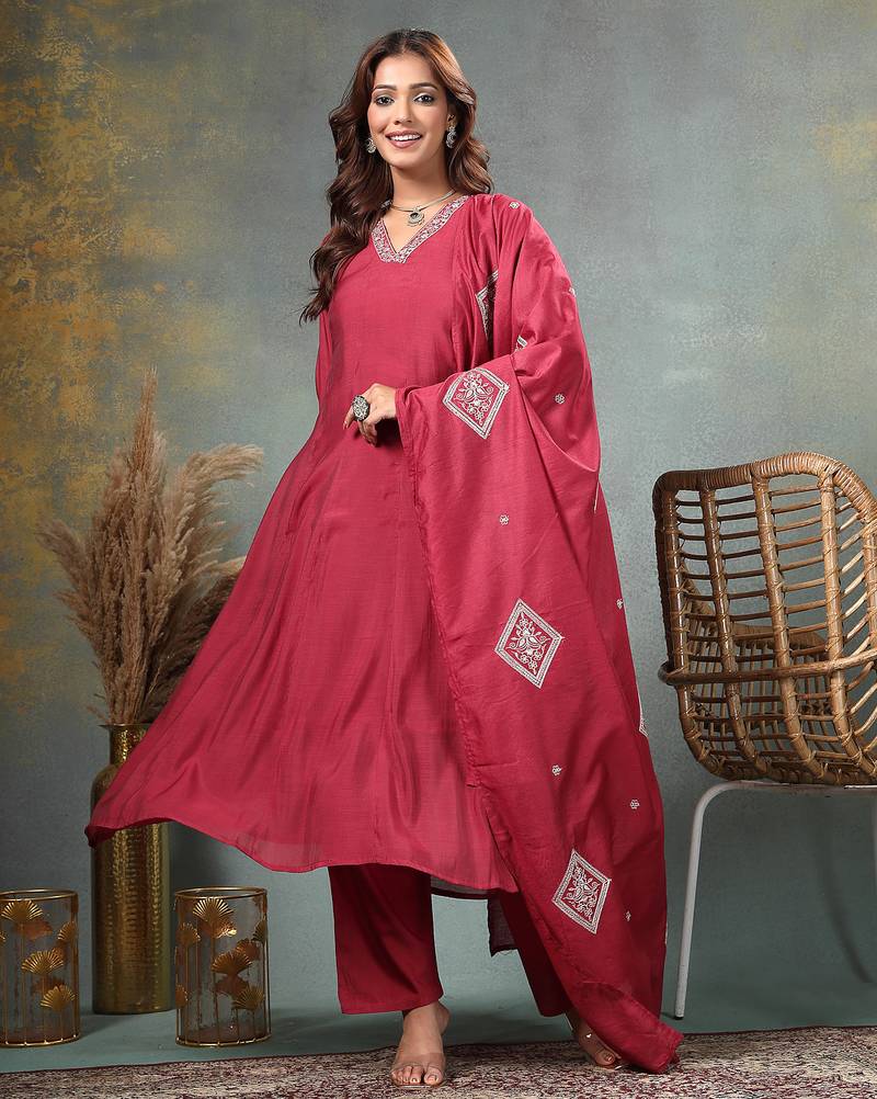 maroon zari work a-line chanderi silk kurta trouser dupatta set