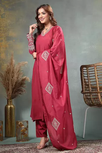 maroon zari work a-line chanderi silk kurta trouser dupatta set