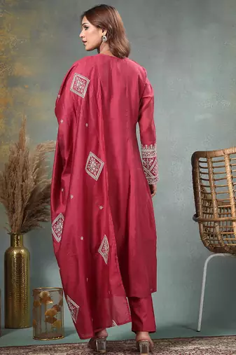 maroon zari work a-line chanderi silk kurta trouser dupatta set