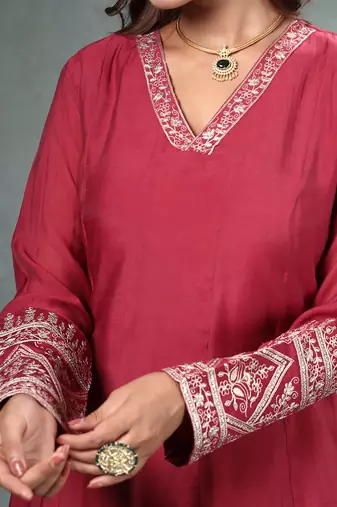 maroon zari work a-line chanderi silk kurta trouser dupatta set