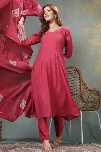 maroon zari work a-line chanderi silk kurta trouser dupatta set