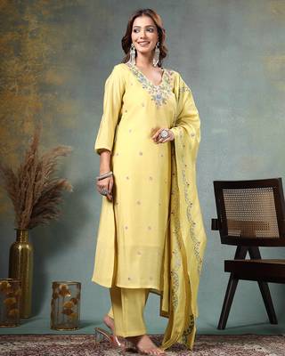 yellow resham embroidery a-line chanderi silk kurta palazzo dupatta set 1
