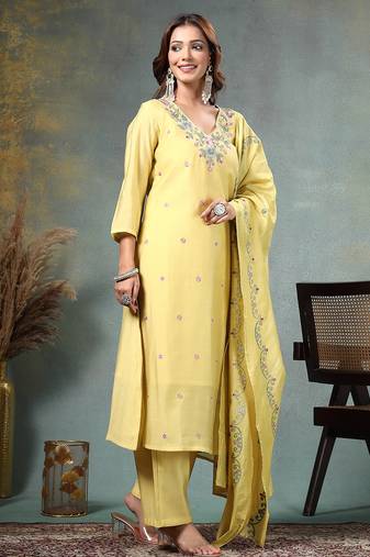 yellow resham embroidery a-line chanderi silk kurta palazoo dupatta set