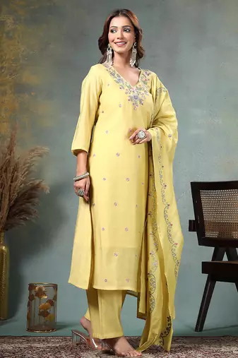 yellow resham embroidery a-line chanderi silk kurta palazoo dupatta set