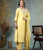 yellow resham embroidery a-line chanderi silk kurta palazoo dupatta set