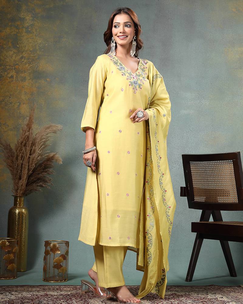 yellow resham embroidery a-line chanderi silk kurta palazoo dupatta set