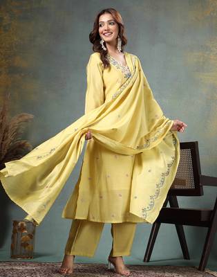 yellow resham embroidery a-line chanderi silk kurta palazzo dupatta set 2