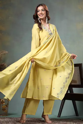 yellow resham embroidery a-line chanderi silk kurta palazzo dupatta set