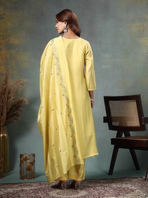 yellow resham embroidery a-line chanderi silk kurta palazzo dupatta set 3