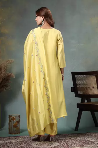 yellow resham embroidery a-line chanderi silk kurta palazzo dupatta set