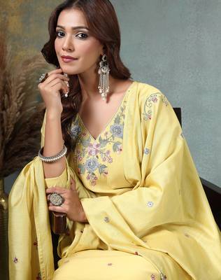 yellow resham embroidery a-line chanderi silk kurta palazzo dupatta set 4