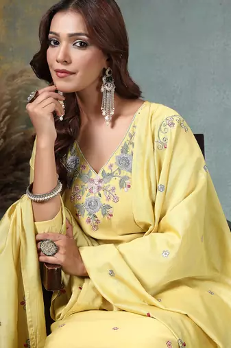 yellow resham embroidery a-line chanderi silk kurta palazzo dupatta set