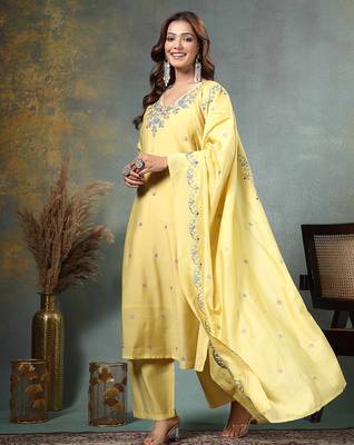 yellow resham embroidery a-line chanderi silk kurta palazzo dupatta set 5