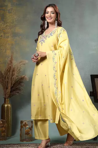 yellow resham embroidery a-line chanderi silk kurta palazzo dupatta set