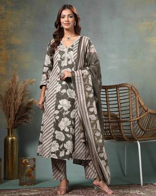 olive floral print anarkali silk blend kalidaar kurta trouser dupatta set 1