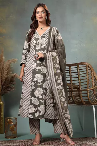olive floral print anarkali silk blend kalidaar kurta trouser dupatta set