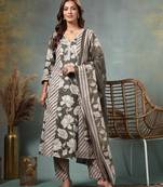 olive floral print anarkali silk blend kalidaar kurta trouser dupatta set