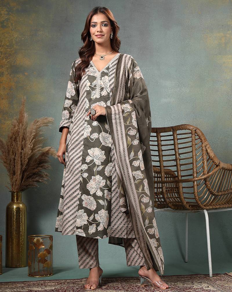 olive floral print anarkali silk blend kalidaar kurta trouser dupatta set