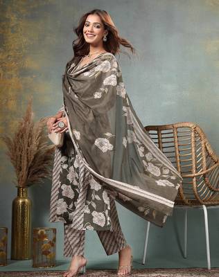 olive floral print anarkali silk blend kalidaar kurta trouser dupatta set 2