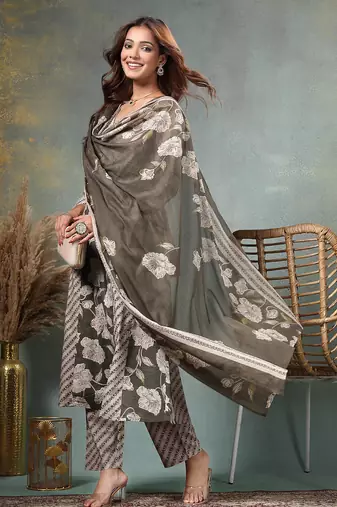 olive floral print anarkali silk blend kalidaar kurta trouser dupatta set