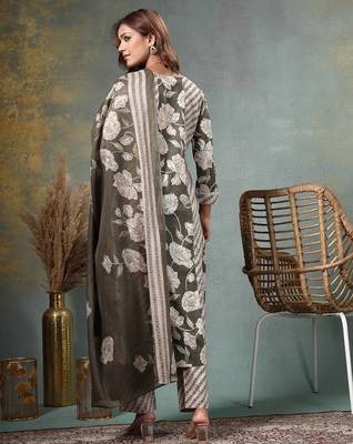 olive floral print anarkali silk blend kalidaar kurta trouser dupatta set 3