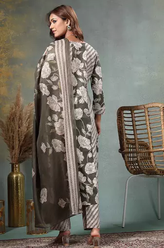 olive floral print anarkali silk blend kalidaar kurta trouser dupatta set
