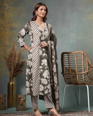 olive floral print anarkali silk blend kalidaar kurta trouser dupatta set 5