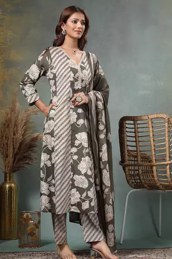 olive floral print anarkali silk blend kalidaar kurta trouser dupatta set