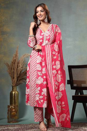 pink floral print anarkali silk blend kalidaar kurta trouser dupatta set