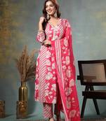 pink floral print anarkali silk blend kalidaar kurta trouser dupatta set