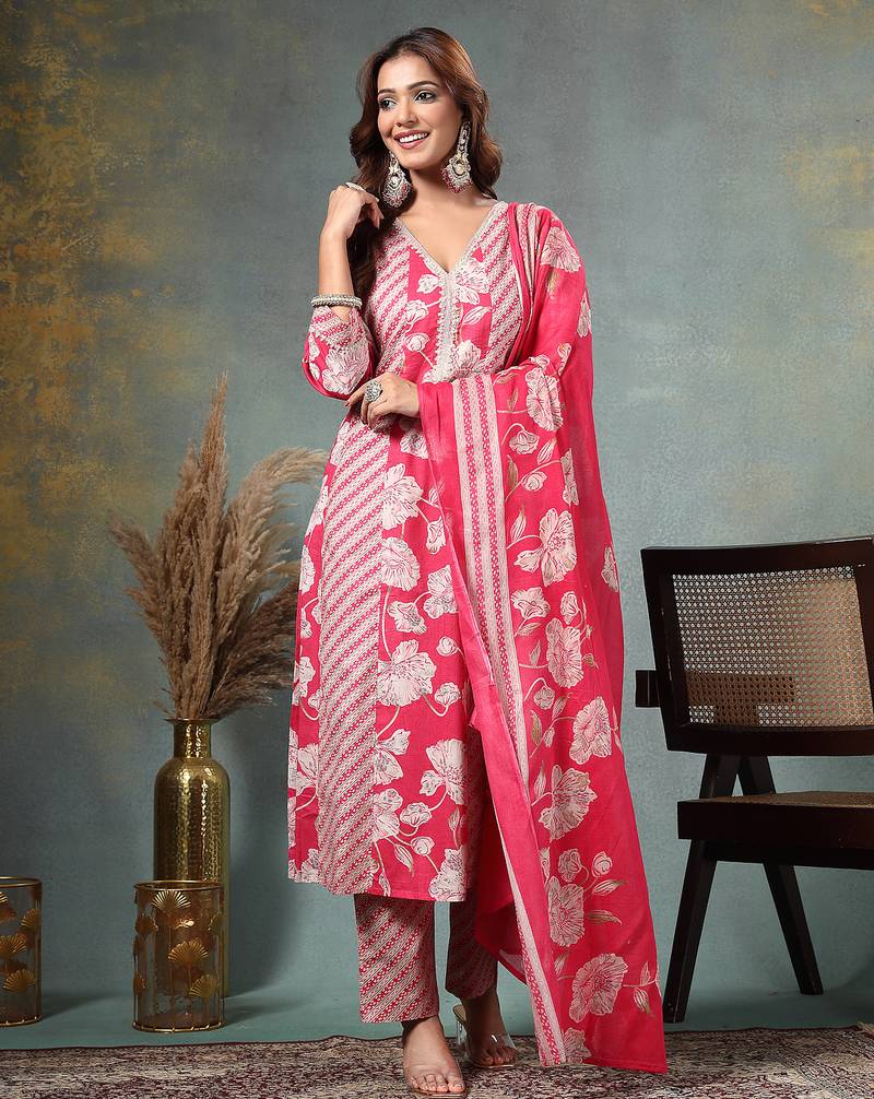 pink floral print anarkali silk blend kalidaar kurta trouser dupatta set