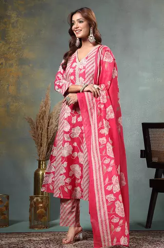 pink floral print anarkali silk blend kalidaar kurta trouser dupatta set