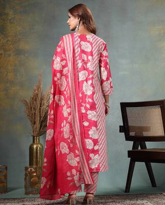 pink floral print anarkali silk blend kalidaar kurta trouser dupatta set 3