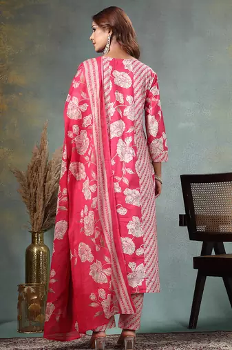 pink floral print anarkali silk blend kalidaar kurta trouser dupatta set