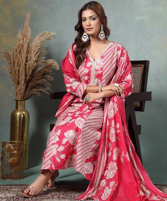 pink floral print anarkali silk blend kalidaar kurta trouser dupatta set 5