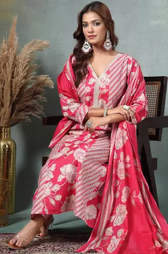 pink floral print anarkali silk blend kalidaar kurta trouser dupatta set