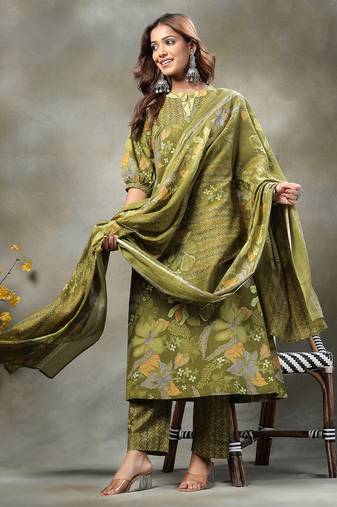 green sequins work pure cotton a-line kurta trouser dupatta set