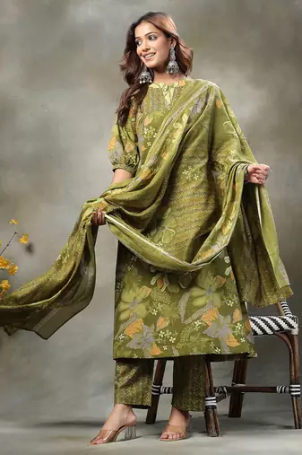 green sequins work pure cotton a-line kurta trouser dupatta set