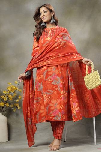 orange sequins work pure cotton a-line kurta trouser dupatta set