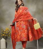 orange sequins work pure cotton a-line kurta trouser dupatta set