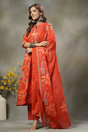 orange sequins work pure cotton a-line kurta trouser dupatta set