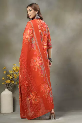 orange sequins work pure cotton a-line kurta trouser dupatta set