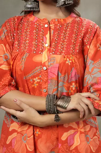 orange sequins work pure cotton a-line kurta trouser dupatta set