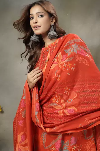 orange sequins work pure cotton a-line kurta trouser dupatta set