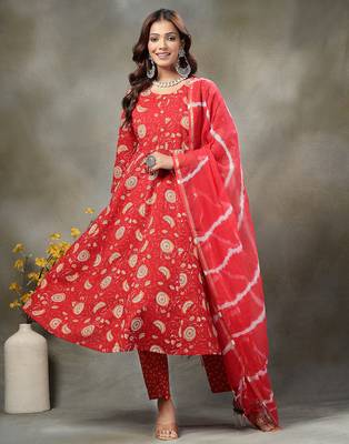 Charming Red Cotton Anarkali Kurta Set with Tie-Dye Doriya Dupatta | Maternity & Festive Wear 1