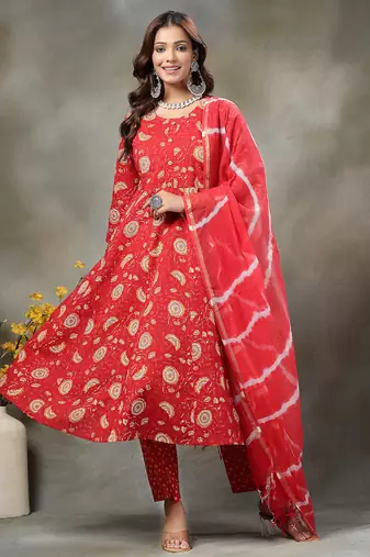 red cotton maternity kurta set with tie dye doriya dupatta set