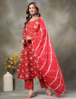 Charming Red Cotton Anarkali Kurta Set with Tie-Dye Doriya Dupatta | Maternity & Festive Wear 2