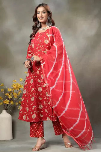 Charming Red Cotton Anarkali Kurta Set with Tie-Dye Doriya Dupatta | Maternity & Festive Wear