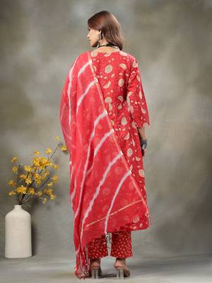 Charming Red Cotton Anarkali Kurta Set with Tie-Dye Doriya Dupatta | Maternity & Festive Wear 3