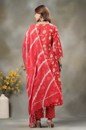 Charming Red Cotton Anarkali Kurta Set with Tie-Dye Doriya Dupatta | Maternity & Festive Wear